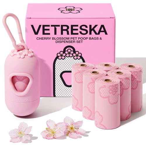 VETRESKA Dog Poop Bag Dispenser with Cherry Blossom Scented Poop Bags, Leak Proof and Extra Thick Pet Waste Bags, 1 Poop B...