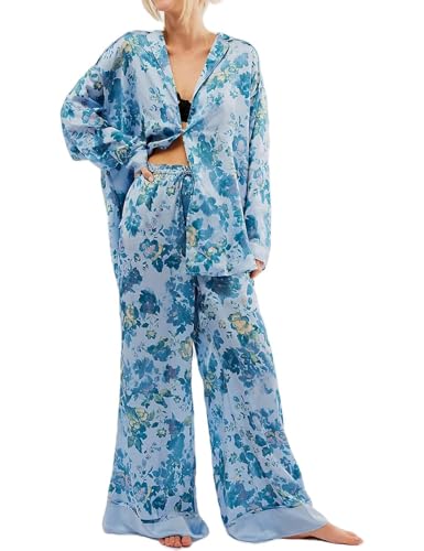 Yimoon Satin Pajama Set for Women Silk Pajamas Set 2 Piece Floral Cute Pj Set Long Sleeve Pjs Sleepwear