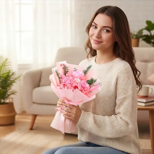 Gnifot Preserved Flowers Bouquet, Flowers for Delivery,Handmade Pink Rose Bouquets Lasting 3-5 Years, Luxury Gift Box,Birt...