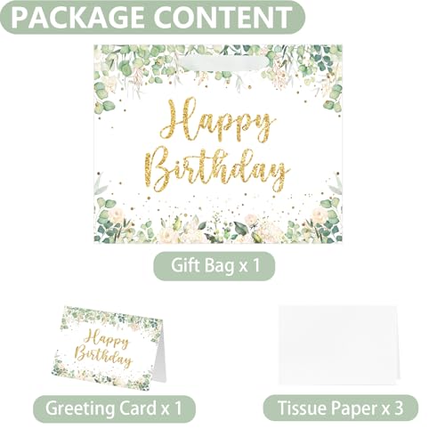 Yusenguan 13" Sage Green Birthday Gift Bag with Tissue Paper and Greeting Card for baby Girls or Boy Women Men Birthday Party