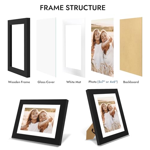 Hongkee 5x7 Picture Frame with Glass, Display Pictures 4x6 with Mat or 5 x 7 without Mat - Wall and Tabletop, 5 by 7 Photo...