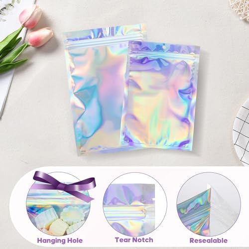 100Pcs Holographic Packaging Bags, 3.1x4.7 inch Resealable Foil Pouch Mylar Sample Bag Great for Small Business and Party ...