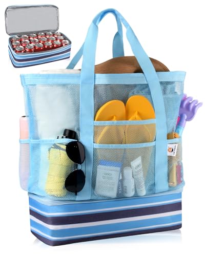 CaCTPUR Beach Bag with Cooler,Mesh Beach Bag for Women Cruise Pool,Packable Sandproof Travel Tote Bag with 8 Pockets