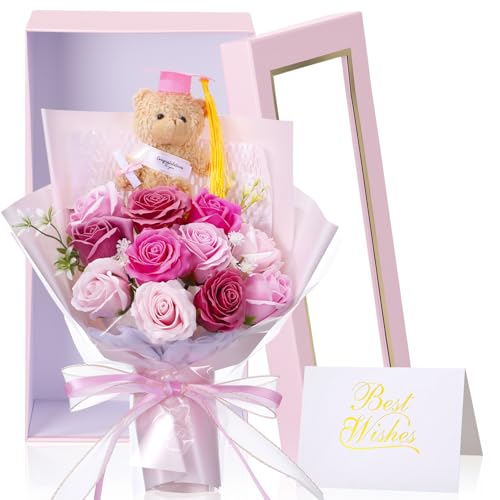 Tigeen 3 Pcs Graduation Gift Bear Flower Bouquet Set, Artificial Soap Rose Bouquet with Mini Plush Graduation Bear, Greeti...