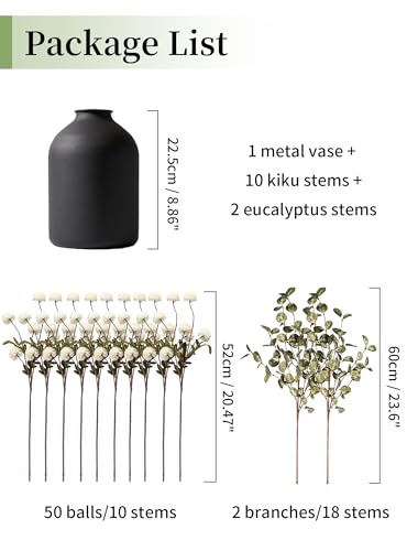 BLOSMON Fake Flowers in Vase for Centerpieces: Metal Vase with 12 Stems of Artificial Mums Kiku Flowers Eucalyptuses Dinin...