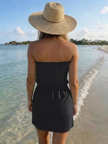 Summer Dress for Women Strapless Beach Cover Ups Boho Sundress Mini Dress Drawstring Waist with Pockets