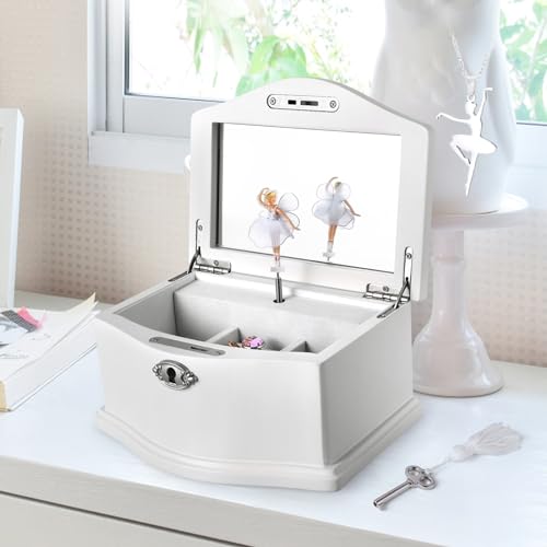 Jozen Gift Wooden Ballerina Medium White Musical Jewelry Box with Mirror and Lock for girls，Kid's Jewelry Storage Music Bo...