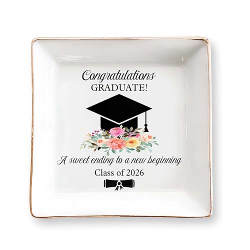 Graduation Gift for Her 2026 – Cap & Flowers Graduate 4" Ceramic Jewelry Dish – Class of 2026 Gift for Daughter, Sister, F...