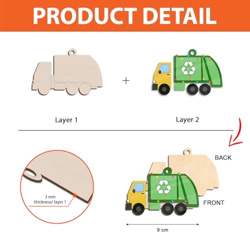Wooden 3D Garbage Truck Ornaments for Christmas Tree, Recycling Trash Truck Xmas Ornament Decoration, Waste Collection & M...