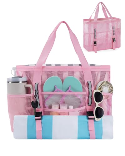 WANDF Mesh Beach Bag for Women, Large Beach Tote Bags with 40oz Tumbler Side Pockets, Family Pool Bag for Swim Toys Towels...