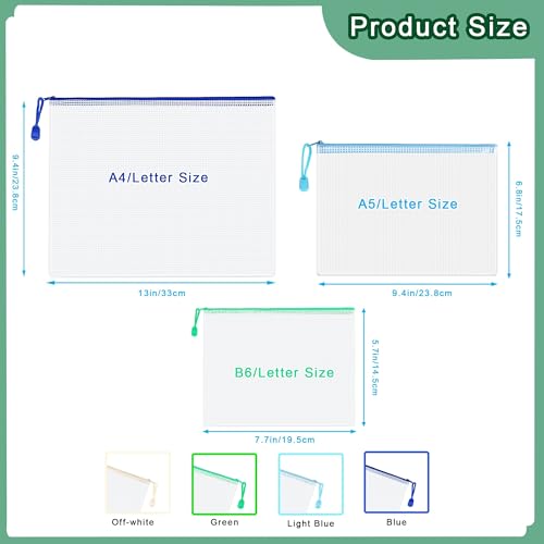 ROYPACK 12-Pack Mesh Zipper Pouch Set with 1 Organizer Bag, 3 Sizes (A4, A5, B6) Clear Waterproof File Bags for Travel Org...