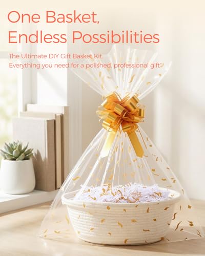 SUNCOLOR Small Woven Gift Basket Set with Cut Paper Shred Filler, Pull Bow & Cellophane Bag, 12x8x5 Inch Durable Cotton Ro...