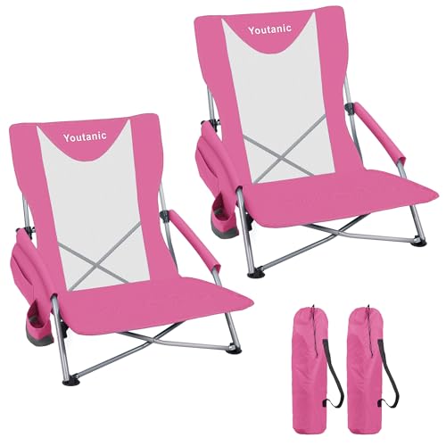 Youtanic Portable Beach Chair 2-Pack, 400 lbs Folding Camping Chair, Lightweight Low Profile Lawn Chair with Wide Seat, Cu...