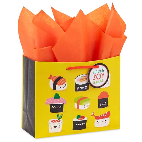 Hallmark 7" Medium Horizontal Gift Bag with Tissue Paper and Gift Tag (Sushi, You're Soy Great!) for Birthdays, Graduation...