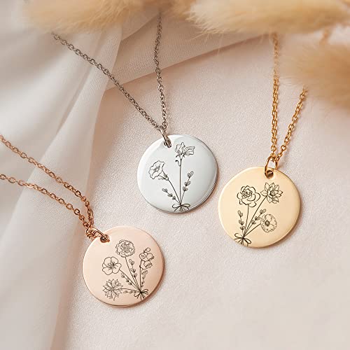 Anavia -Build Your Own Bouquet- Birthmonth Flowers Necklace, Personalized Engraved Floral Coin Necklace, Customized Birthd...