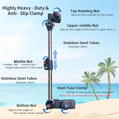 GZWKEAK Beach Chair Umbrella with 360° Adjustable Clamp, 45in UPF 50+ Portable Folding Sun Shade for Outdoor Camping Wheel...