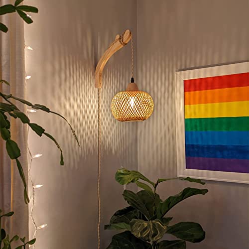 Frideko Bamboo Lantern Plug in Wall Sconces Wicker Wall Lamp with Plug in Cord Hand Woven Rattan Wall Light Farmhouse Rust...
