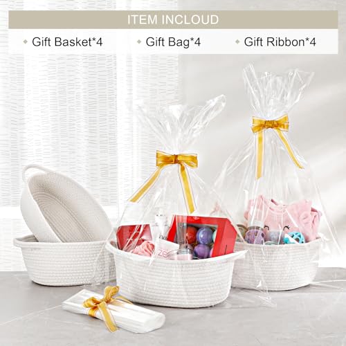 4 Pack Small Woven Basket with Handles, All 12"x 8"x 5", Cotton Rope Room Shelf Storage Basket, Cat Toys, Cute Baby Gift B...