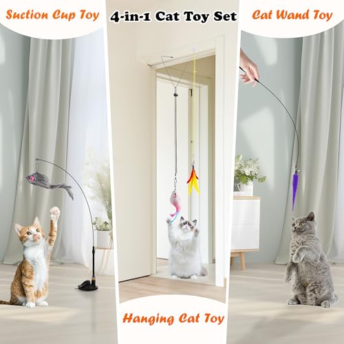 Soarer 4-in-1 Interactive Cat Feather Toys,12Pcs Durable Fishing Pole Cats Feathers Toy Replacements,Enhanced Suction Cup ...