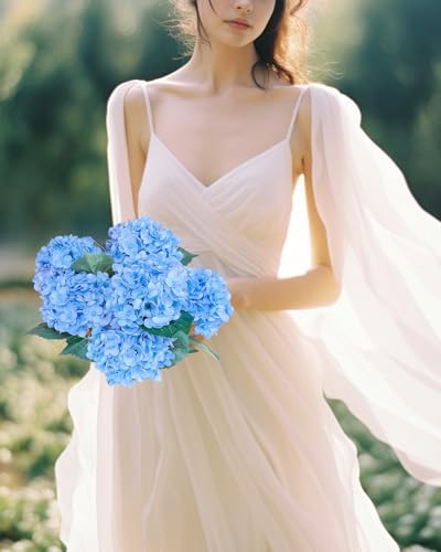 LA.PONEE 6PCS Premium Blue Silk Hydrangea Artificial Flowers Bouquets - Realistic Fake Hydrangea with Stems, Faux Flower A...