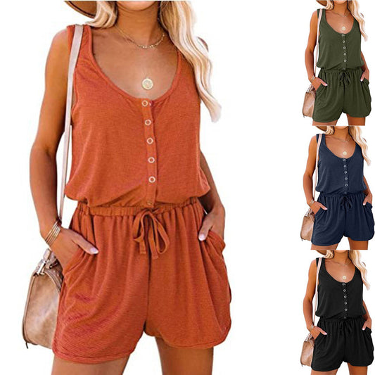 Women's Casual Sleeveless Button Down Romper With Drawstring Waist & Pockets, Loose Fit Jumpsuit Shorts For Loungewear & Outdoor