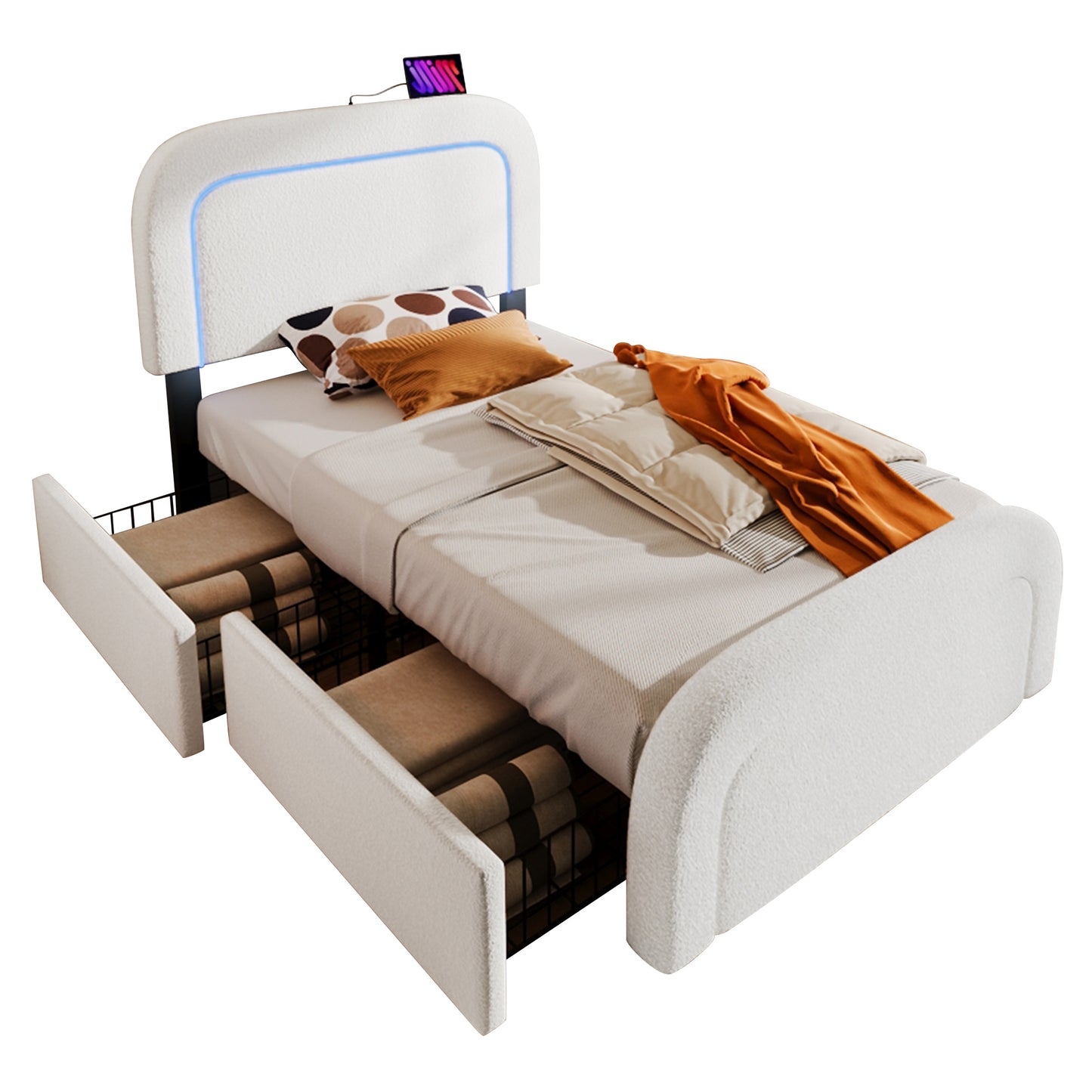 Bed Frame With USB Type-C Charging Function, LED Lighting And 2 Drawers, Single Bed, Upholstered Bed 90x200cm, Height-adjustable Headboard, Wooden Slatted Base, Sherp-White Without Mattress