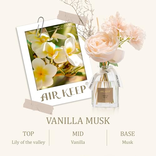 Airkeep Flower Reed Diffuser Set, Vanilla Musk Diffuser Gift Set,4.06 fl oz Essential Oil Sticks Diffusers for Bathroom Ai...