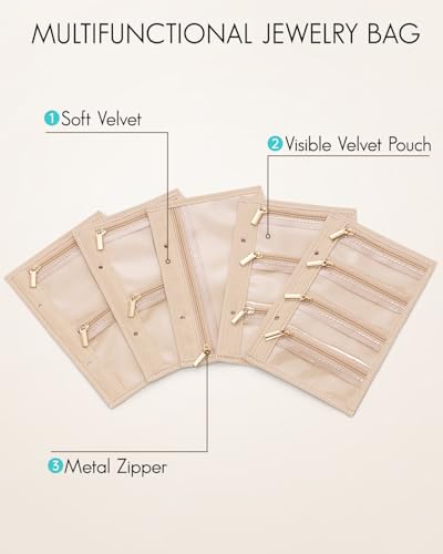 Vlando Travel Jewelry Bags,Jewelry Storage Pouch,5 Pcs Clear Velvet Zipper Pockets Bag for Travel Business Trip Jewelry Or...