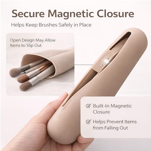 Silicone Makeup Brush Holder with Magnetic Closure, Soft Travel Makeup Brush Bag with Built-In Brush Cleaner, Portable Cos...