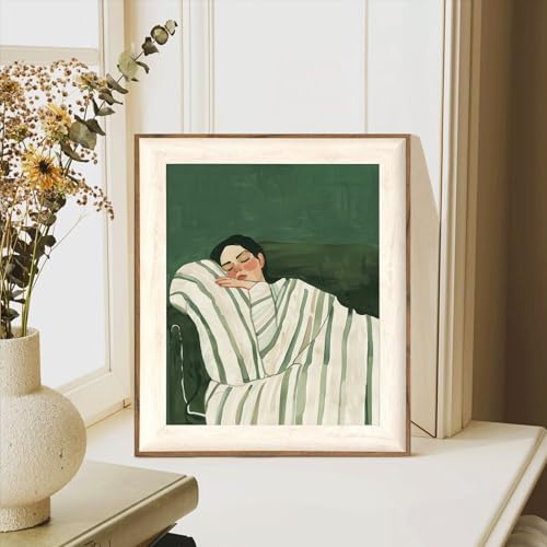 ASTRDECOR Minimalist Framed Wall Art - Cozy Woman Sleeping on Couch, Emerald Green & White Striped Blanket, Modern Aesthet...