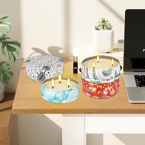 4-Pack Citronella Candle Set in Decorative Tropical Flower Tin Boxes - 3-Wick Functional Decorative Candles for Indoor & O...