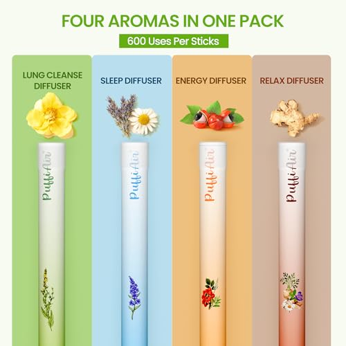 Herbal Diffuser Quartet, Lung, Sleep, Energy & Relax Diffuser with Extract of Mullein, Melatonin, Natural Caffeine and Cha...
