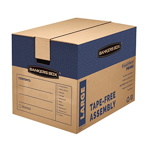 Bankers Box Large Prime Moving Box 6 Pack, Reinforced Handles, Tape-Free Assembly, Attached Lid, 18-in x 18-in x 24-in (00...