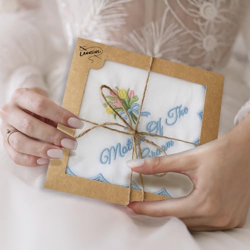 Lauusiusi Wedding handkerchiefs - Mother Father of the Bride Gifts 11" x 11" Something Blue Embroidered Hankies Gifts