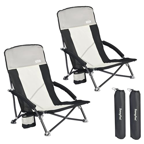 SUNNYFEEL Folding Low Camping Beach Chair 2 Pack, Lightweight Portable Lawn Chair with Mesh Back, Cup Holder for Outdoor/T...