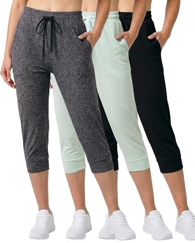 Real Essentials 3-Pack: Women's Ultra Soft Lounge Capri Joggers Sweatpants Athletic Yoga with Pockets(Available in Plus Size)