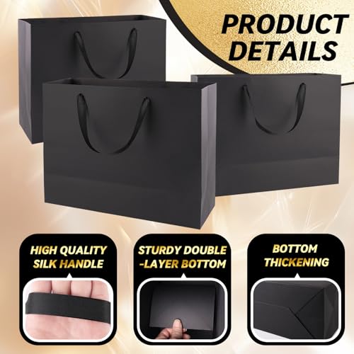 Addblu 3 Pack Extra Large Black Gift Bags with Handles - Includes 9 Tissue Papers, 16x6x12 Inches for Men Birthday Party, ...