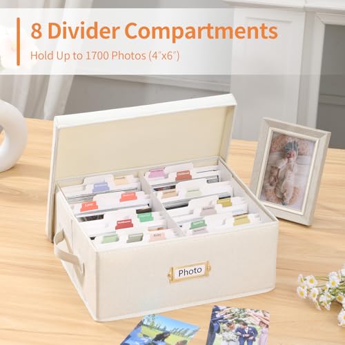 Aokeyee 2PC Photo Storage Box - Decorative Linen Memory Organizer for 4x6 Pictures, Keepsake Box with Dividers & Labels, H...