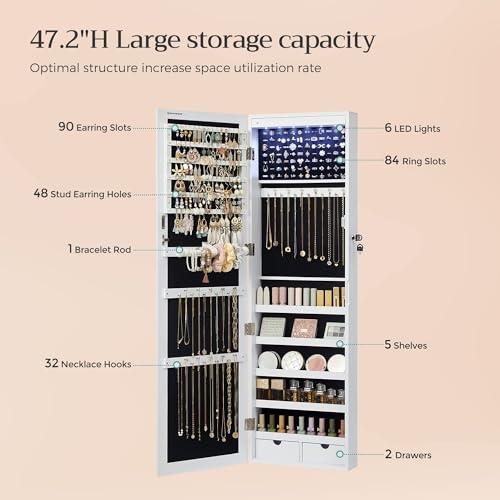 SONGMICS 6 LEDs Mirror Jewelry Cabinet, 47.2-Inch Tall Lockable Wall or Door Mounted Jewelry Armoire Organizer with Mirro...
