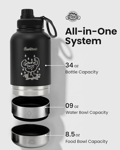 Pawccoli 34oz Dog Water Bottle, Stainless Steel Dog Water Bottle Dispenser with Detachable Food & Water Bowls, Keeps Water...