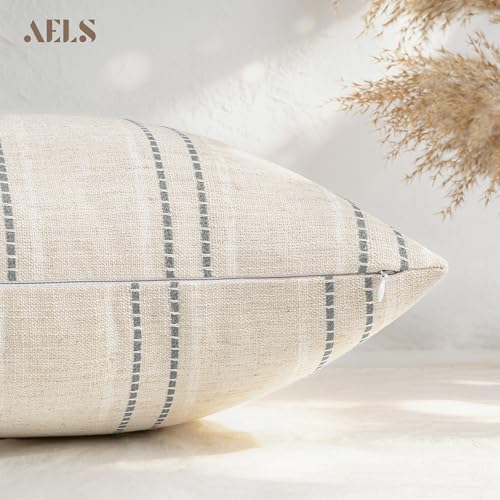 AELS 18x18 Decorative Farmhouse Linen Blend Throw Pillow Covers, Boho Textured Pillow Case, Set of 2, Beige with White & G...