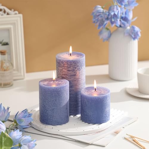 3x6 Inch Blue Pillar Candles Set of 3 - Hand-Poured Unscented Candles, Long Clean Burning, Large Big Candle, Smokeless Dri...