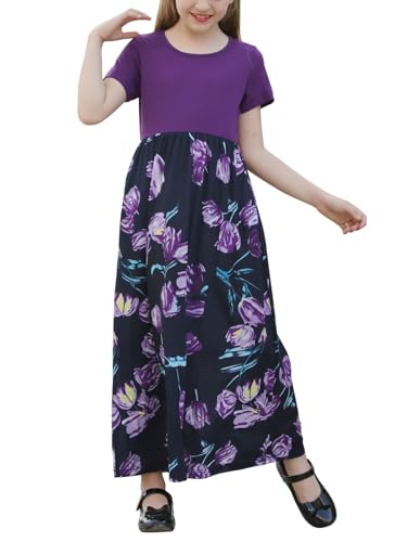 GORLYA Girl's Short Sleeve Patchwork Floral Print Loose Casual Long Maxi Dress with Pockets for 4-12 Years Kids