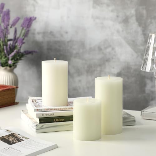 White Pillar Candles Set of 3 - Hand-Poured Unscented Candles, Smokeless Decorative Candles for Home, Set of 3 in Differen...