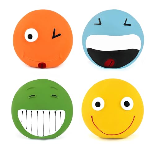 CHIWAVA 4 Pack 3.2'' Latex Squeaky Dog Toy Smiley Face Balls Interactive Fetch Play for Small Dogs