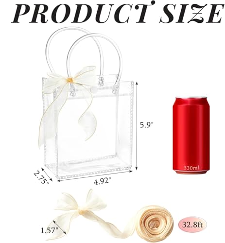 Ohuimrt 50 PCS Clear Plastic Gift Bags with Handles, 5.9 x 4.92 x 2.75 Inches Reusable Party Favor Bags with Ribbon Transp...