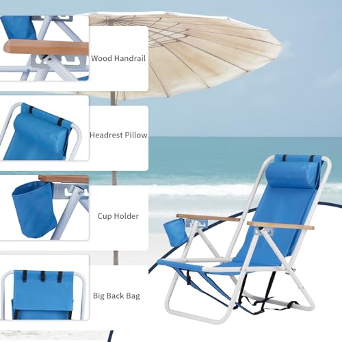 Outvita Folding Beach Chair Adjustable Headrest w/4 Flexible Tilt Angle, Cup Holder Portable High Strength Cleanable Fabri...