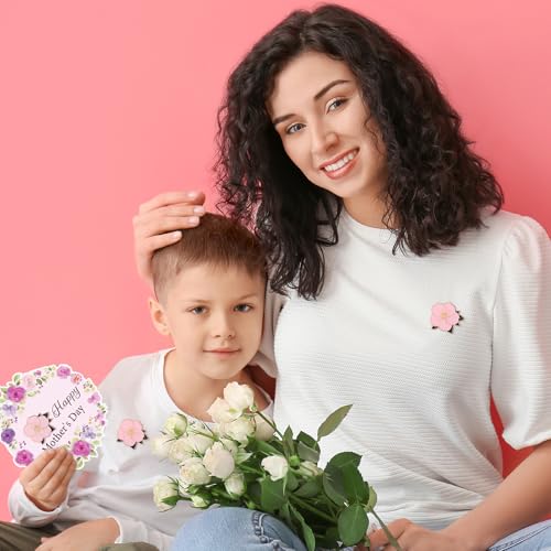 Daifunli 30 Sets Happy Mother's Day Pins on Flower Card Flower Pins with Wreath Cards Floral Lapel Brooches for Mother's D...