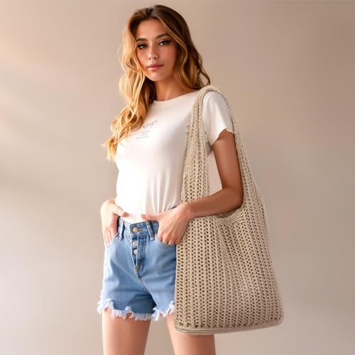 Gaudiwel Knitted Shoulder Tote Bag Large Crochet Beach Bag Hobo Bag Aesthetic Tote Handbags for Women