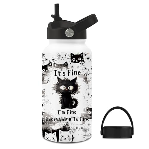 Cat Gifts for Women, 25oz Fine Cat Water Bottle with 2 Lid & Straw - I'm Fine Black Cats Insulated Water Bottles, BPA-free...